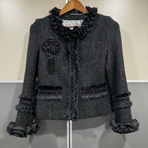 Gaby & Eden Womens Tweed Jacket Small Black w/ Beads Ruffles & Rabbit Fur Trim